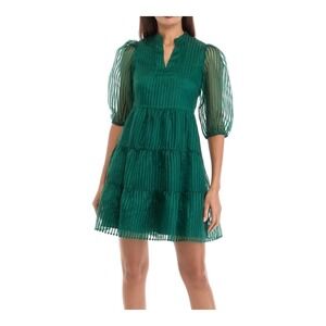 Crown‎ & Ivy Shadow Stripe Tiered Mini Dress Sheer Sleeve Party Green Size Large